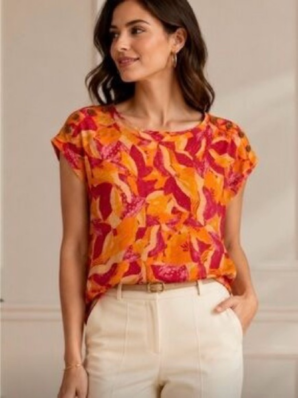 Cynthia Rowley vibrant pink orange abstract tropical floral summer linen top S
